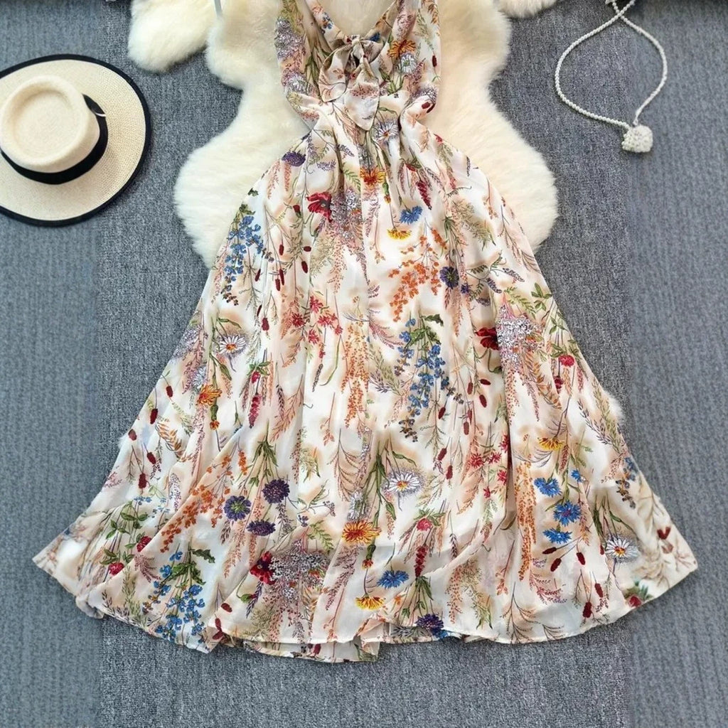 Women's Colorful Floral Print V-Neck Slip Dress