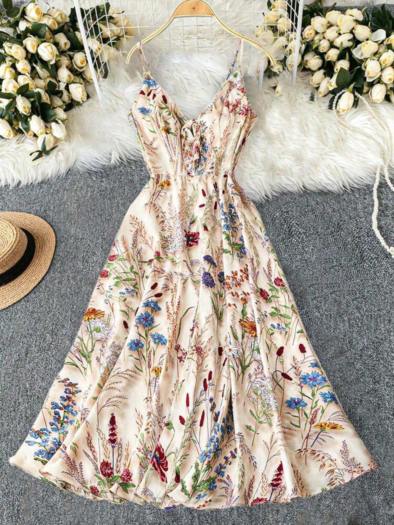 Women's Colorful Floral Print V-Neck Slip Dress